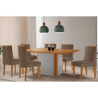 Imagem de Sala Jantar Mesa Pietá Tampo Curvo 180cm+6 Cadeiras Dakota Madeira Naturale/Off White - Capuccino/Suede Capuccino - Rufato