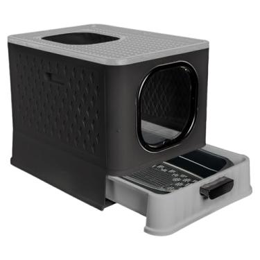 Imagem de Caixa de Areia Fechada para Gatos Luxo com Porta Transparente, Gaveta Removível, Pá e 2 Comedouros – Banheiro Higiênico Anti-Sujeira(SB LUXO+PENEIRA - BLACK/CINZA)