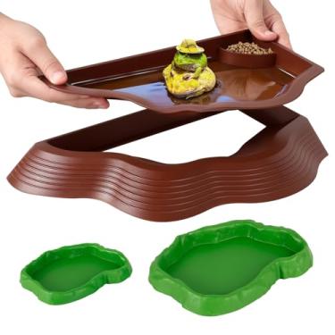Imagem de Conjunto de tigela de comida para piscina de tartaruga com rampa, prato de água para répteis inclui 1 prato de banho e 2 pratos de comida, tigela de água de alimentos de répteis de folha para lagarto