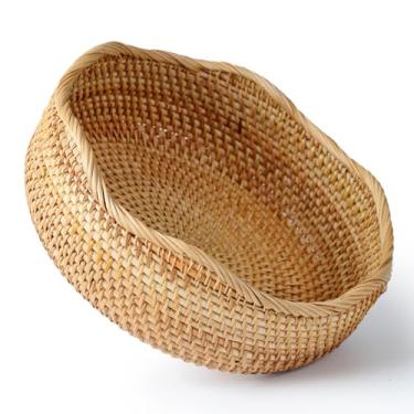 Imagem de Cesta de pão recortada de vime, cestas de frutas redondas, tigelas de armazenamento de vime, tigelas de cesta de servir de tecido natural, cestas decorativas para organizar balcão de cozinha, 1 peça,
