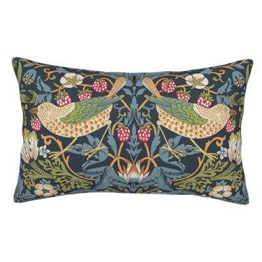 Imagem de Lalamelody William Morris Vintage Floral Bird Strawberry Thief 51 x 30,5 cm, capa de almofada de casa de fazenda ao ar livre para sofá