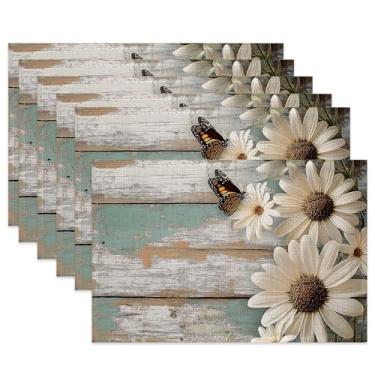Imagem de Jogo americano de pano, jogo americano rústico de tecido margarida, conjunto de 6, tapetes de mesa de madeira vintage laváveis, tapetes decorativos para jantar, casa, cozinha, festa de férias 29 x 44