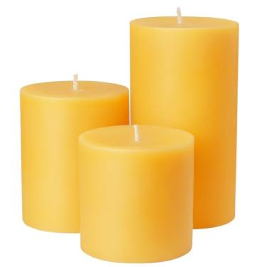 Imagem de Conjunto de 3 velas de pilar de cera de abelha natural - 7,6 cm de largura (7,6 cm 10,2 cm 15,2 cm de altura) - Velas de cera de abelha 100% pura, queima longa, sem cheiro sem fumaça e sem gotejamento