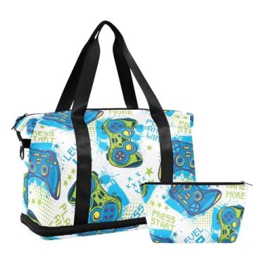 Imagem de Bolas de futebol expansíveis, bolsas de fim de semana para mulheres, bolsa de viagem com bolsa de maternidade para hospitais, Ícones azuis do joystick