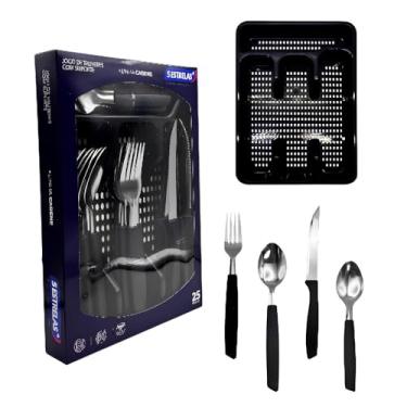 Imagem de Jogo de Talheres 25 Peças com Suporte Organizador de Gaveta, Preto, 27,3x19,3x3,5 cm