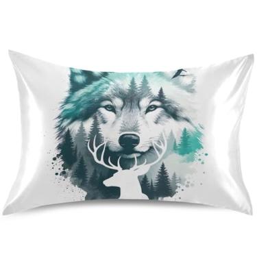 Imagem de Capas de almofada de cetim azul-petróleo em aquarela de veado lobo padrão Queen King capas de almofadas refrescantes decoração de quarto estética, tamanho padrão, 66 cm x 50 cm