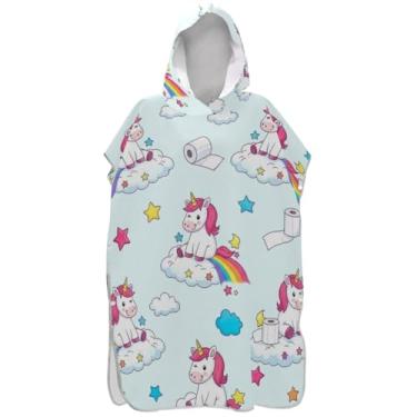 Imagem de Joisal Poncho de surfe trocador de roupão para Adul com capuz toalha de praia estampado plus size homens mulheres poncho com capuz bonito desenho animado unicórnio azul
