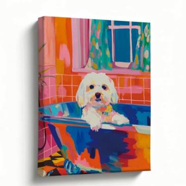 Imagem de Arte de parede de banheiro Boho, 20 x 25,4 cm, estampa em tela branca fofa de banheira com pés de garra, arte de banho de azulejo colorido, decoração de banheiro de cachorro, pronto para pendurar