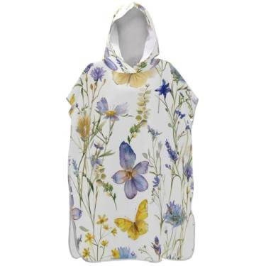Imagem de Joisal Poncho de surfe para adultos trocador com capuz toalha de natação bonito plus size retrô borboleta flores silvestres branco homens mulheres poncho com capuz