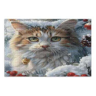 Imagem de Pintura de Natal de gato com paisagem nevada, 500 peças grandes para adultos, quebra-cabeças fáceis para adultos, jogos para noite de jogos em família