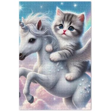 Imagem de Quebra-cabeça unicórnio gatinho gato 500 peças para adultos presentes elefantes brancos grande impressão de arte animal 50,5 x 14,9 polegadas