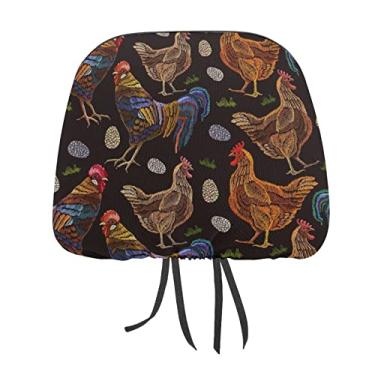 Imagem de Vintage colorido bordado galo ovo galo sem costura em preto 2 peças capas protetoras de encosto de cabeça para assento de carro universal, capa macia para encosto de cabeça de carro, acessórios de