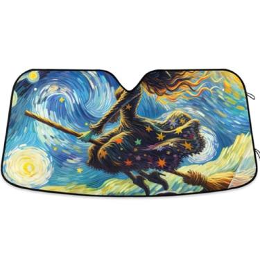 Imagem de Guarda-sol personalizado bruxa noite estrelada carro para-brisa bonito universal dobrável caminhão carro janela persianas para-brisa frontal M, 139.7 cm x 70.1 cm