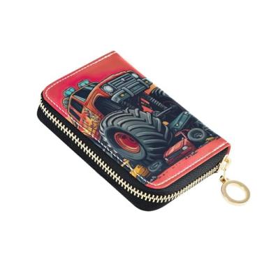 Imagem de Carteira feminina engraçada pequena e fofa com porta-cartões, bloqueio de RFID, desenho animado colorido, Monster Truck, bolsa de moedas vermelha com zíper