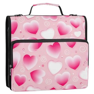 Imagem de Bolsa organizadora de fichário com zíper e corações brancos rosa e branco, com alça, 3 anéis D, 3 anéis, pasta para portfólio comporta 500 folhas para escola, escritório, viagens