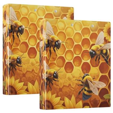 Imagem de Abelhas Vibrantes Personalizadas Girassóis 3 Polegadas 3 Anéis Comporta 200 Folhas Pastas Portfólio Anel Redondo Fichário de Escritório, 31,5 x 27 x 6 cm, Pacote com 2