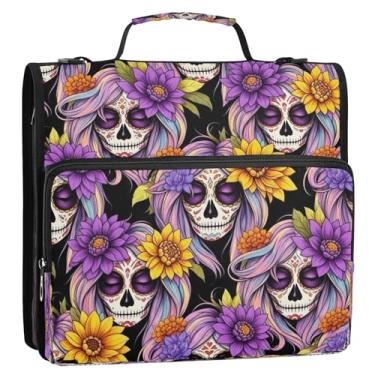 Imagem de Bolsa organizadora de fichário com zíper floral, arco-íris, roxo, crânio, colorido, 3 argolas com alça, estojo grande com alça para escola ou escritório