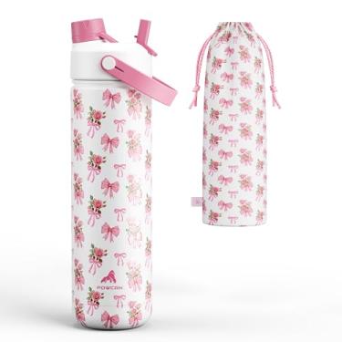 Imagem de POWCAN Garrafa de água isolada de 737 g com canudo 2 em 1 e tampa de bico, mantenha frio 24H, à prova de vazamento, cabe no suporte de copo de carro, garrafa de água de aço inoxidável para esportes