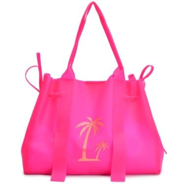 Imagem de Bolsa de Praia com Estampa de Palmeiras, Conjunto 2 Peças, Preta e Dourada, Design Tropical (Rosa)
