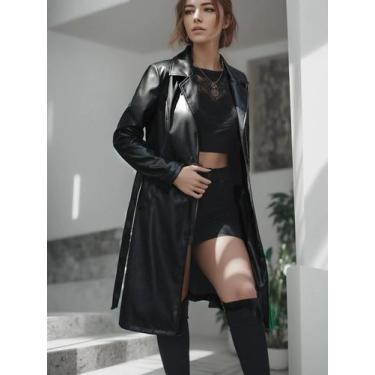 Imagem de Casaco de manga comprida de lapela de couro PU, roupas femininas com c