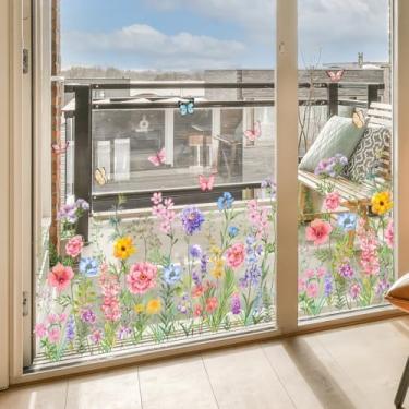 Imagem de Supzone Adesivos de janela estática de flores silvestres coloridas dupla face primavera verão borboletas decalques de janela de vidro anticolisão decalques de espelho de porta