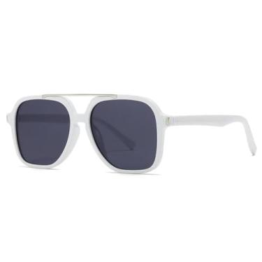 Imagem de HCHES Óculos de Sol Feminino Retro Double Beam Luxo Casual Masculino UV400 (branco e preto)