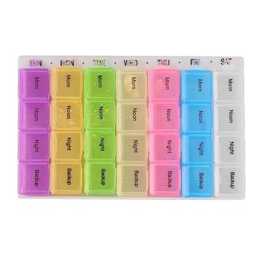 Imagem de Organizador semanal de comprimidos, 28 compartimentos, caixa de remédios transparente removível para óleos de peixes familiares, pílulas de vitamina, cores sortidas, plástico