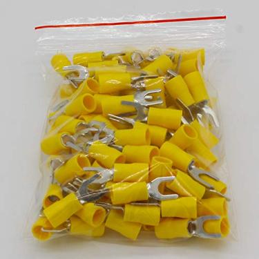 Imagem de SV5.5-5 Conector de fio de cabo de terminal furcado amarelo 100 peças de terminais de fiação isolados tipo garfo amarelo para AWG 12-10 SV5-5 SV