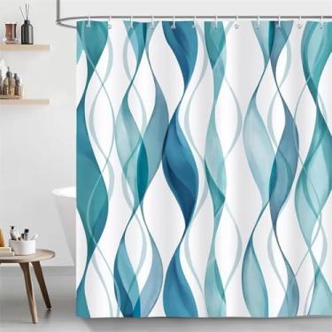 Imagem de Cortinas de chuveiro listradas azul e azul-petróleo abstrato ondulado linha moderna minimalista cortina de banheiro de poliéster decoração de banheiro com ganchos 90 x 190 cm/LxA cortina de chuveiro