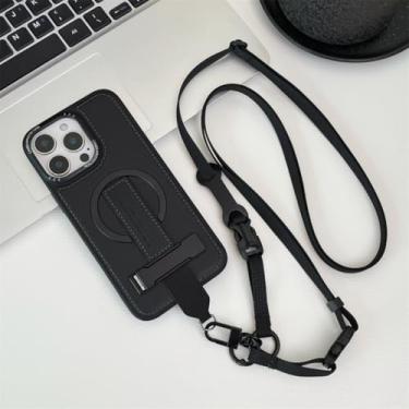 Imagem de IRTGFG Para iPhone 16 Pro Max, alça de pulso transversal, suporte de corda, capa de telefone com suporte magnético, capa protetora de couro (para iPhone 16 Pro Max/preto)