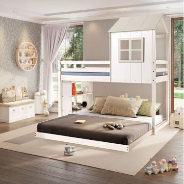 Imagem de Beliche Solteiro Queen Montessoriano Cabana com Escorregador e Estante Casatema MadeiraOriginals Branco/Off White