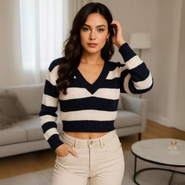 Imagem de Blusa Feminina de Tricot Listrada Gola V Manga Longa Elegante - Vitrin