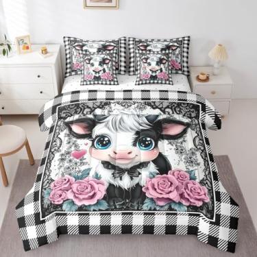 Imagem de Feelyou Conjunto de edredom Queen fofo de vaca Highland com estampa floral de gado das terras altas, preto e branco, xadrez, búfalo, lençol com edredom, lençóis, fronhas e capa de almofada