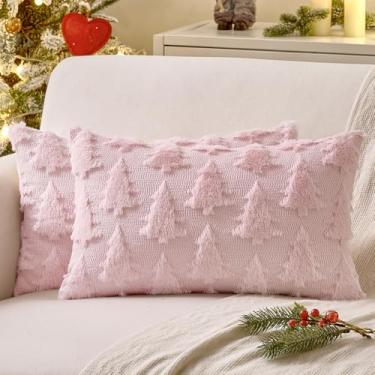 Imagem de MIULEE Capa de almofada decorativa para árvore de Natal, conjunto de 2 fronhas de lã sintética de pelúcia rosa, decoração de casa para sofá, sofá, cama, varanda e sala de estar