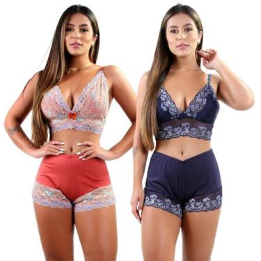 Imagem de Kit c/ 2 Baby Doll Pijama Curto Adulto Feminino Renda Luxo Short Doll 