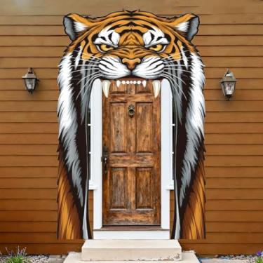Imagem de WADORN Decoração de bandeira de porta de tigre, animais selvagens, banners de aniversário do rei da selva, foto de alpendre, cenário de fundo para fotografia de tigre selvagem para decoração de festa