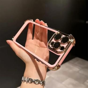 Imagem de HJZSZX Capa de celular luxuosa, transparente e à prova de choque, com proteção contra impactos, capa traseira rígida de acrílico (para iPhone 16/rosa)