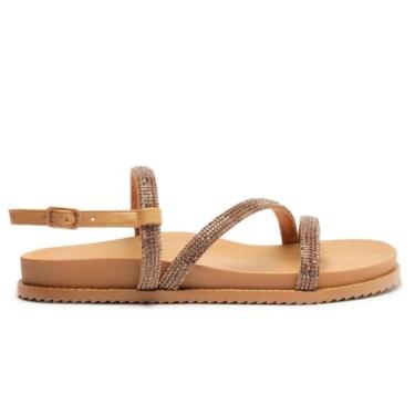 Imagem de Sandália Feminina Papete Tiras Brilho Luxuosa Confortável Cor:bege;tamanho:36
