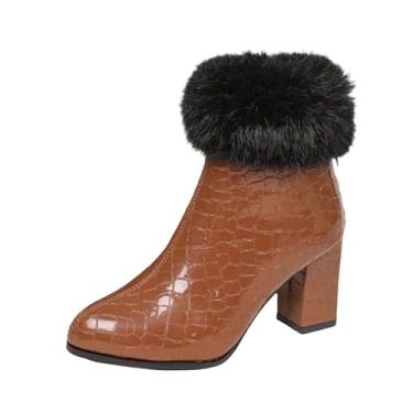 Imagem de Botas femininas modernas forradas com lã plus size para o inverno, casuais, confortáveis, curtas, bico fino sólido, zíper nas costas, salto médio, Marrom, 34