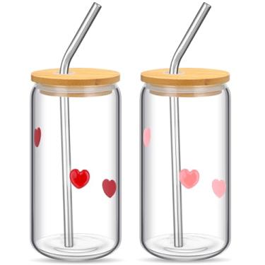 Imagem de Honeydak Copo de vidro de 2 peças com ícone de coração dos namorados - copos de vidro com tampa e canudos, café, cerveja, refrigerante, suco para presentes de festa do dia dos namorados