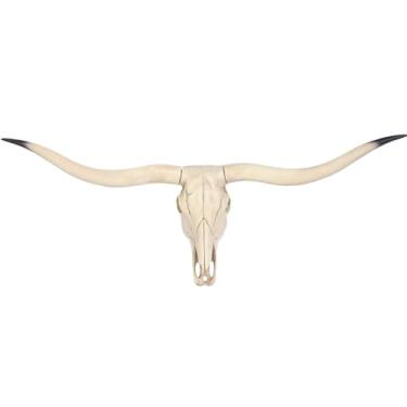 Imagem de VZQJHKMPXFS Decoração de parede de caveira Texas Longhorn - Caveira de touro de taxidermia falsa com chifres para sala de estar, bar, caverna masculina, garagem e decoração de casa de fazenda