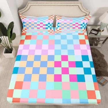 Imagem de Jogo de cama solteiro com grade abstrata, aquarela, retalhos, para decoração de quarto de adolescentes, lençol de microfibra geométrica, xadrez (1 lençol com elástico + 1 fronha)