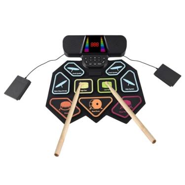 Imagem de Brrnoo Conjunto de Bateria Eletrônica, Bloco de Prática de 9 Baterias Com Entrada para Fone de Ouvido, Máquina de Kit de Bateria Roll-up Com Pedais e Baquetas de Alto-falante Integrados (BLACK)