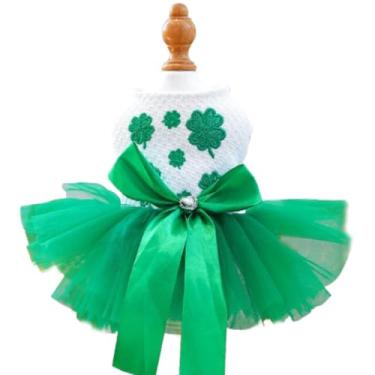 Imagem de JAAQUCD Vestido de cachorro verde com gravata borboleta, dia de São Patrício, vestido de cachorrinho para meninas, feminino, roupa de gato doce, trevo da sorte, princesa, saia tutu de renda, roupas
