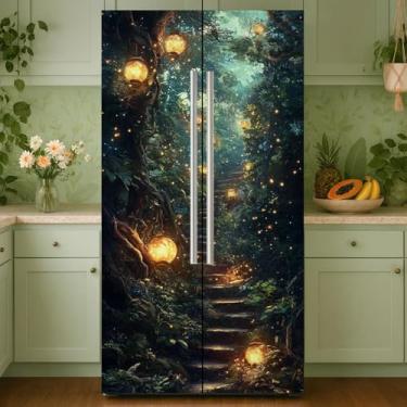 Imagem de GOMAKERER 2 peças de envoltórios removíveis de geladeira com estampa de floresta de vaga-lume, autoadesivo, para porta de geladeira, mural de vinil, freezers, para decoração de bar, 40 x 192 cm