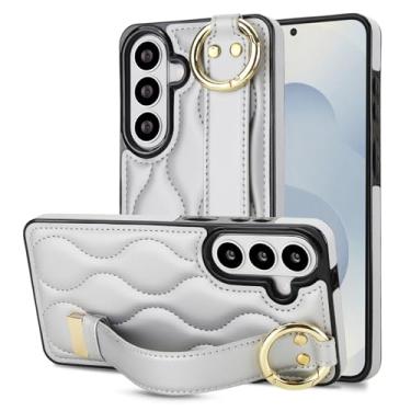 Imagem de Capa para Samsung Galaxy S26 Plus com alça de pulso, elegante capa traseira de couro acolchoado para mulheres, capa fina protetora à prova de choque com suporte e anti-impressão digital (prata)
