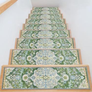Imagem de Tapete antiderrapante verde para degraus de madeira 76.2 cm x 20.3 cm Descasque e cole degraus de escada afiação interior escada corredor de escada capas de segurança tapete de segurança para crianças