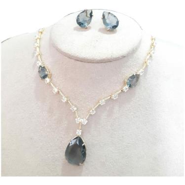 Imagem de Conjunto Colar E Brinco Gota Preto Fumê Pedra Zirconia Festa