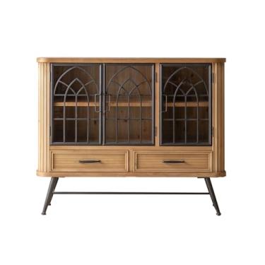 Imagem de KEG801302 Armário de armazenamento simples com 3 portas e 2 gavetas, decorativo, aparador independente em pés de ferro preto, adequado para corredor, sala de estar, móveis de casa