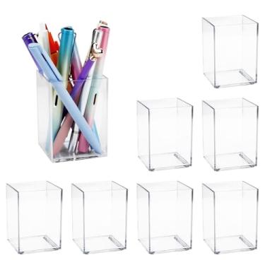 Imagem de CEYAZYE 10 peças de porta-lápis de acrílico transparente, suporte de caneta para mesa, armazenamento de pincéis de maquiagem transparente, organizador de lápis de mesa, organizador de papelaria para